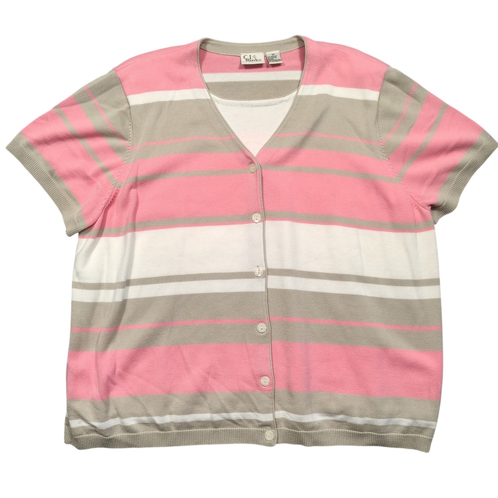 C.J. Banks Cardigan Twin Set Womens 3X Striped Short Sleeve Pink Gray White 0997